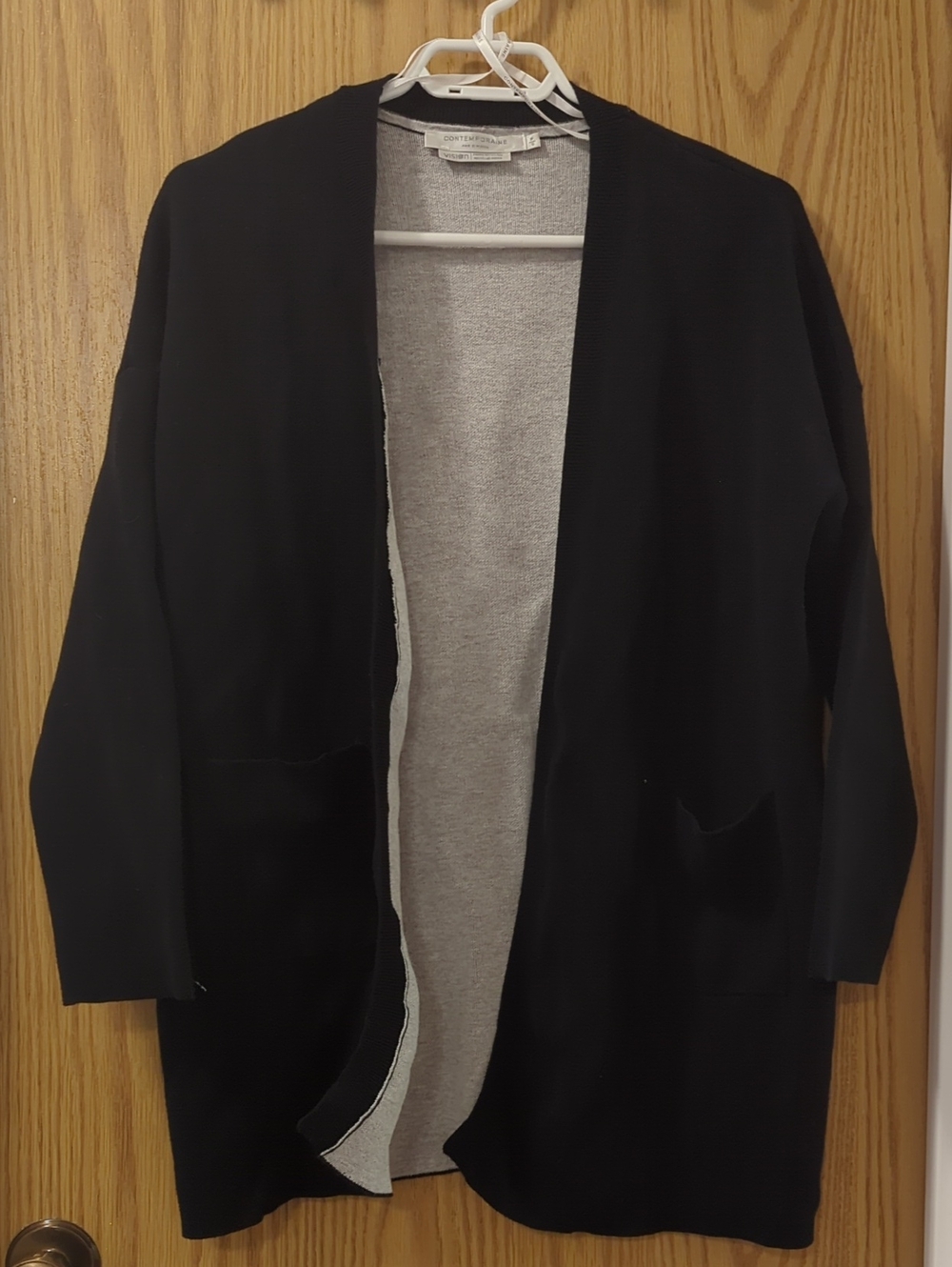 Simons Black Open-Front Knit Jacket with Light Gray Lining